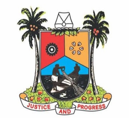 Lagos State coat consisting of two Palm trees, painted fishermen, cowries atop a garden with fruits with the words "Justice and Progress" written beneath