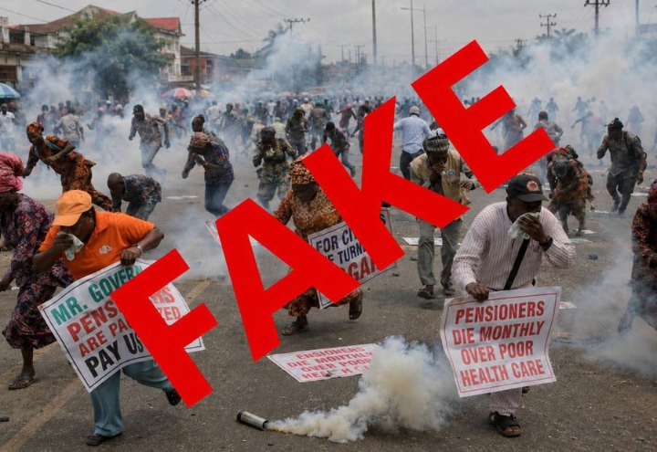 Ai-generated Image depicting tear gas firing by the Lagos State Police Command which has been debunked by the Command, labelled as fake.