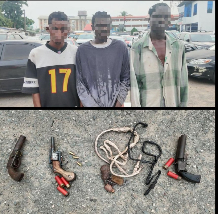 Image from the Lagos State Police Command depicting three arrested armed robbery suspects and weapons recovered