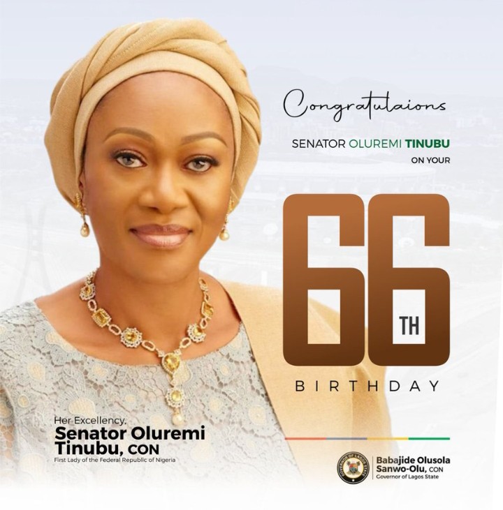 Oluremi Tinubu wearing a brown head tie and shawl made of aso oke, beside a signatory from the Lagos State governor wishing her a happy 66th birthday