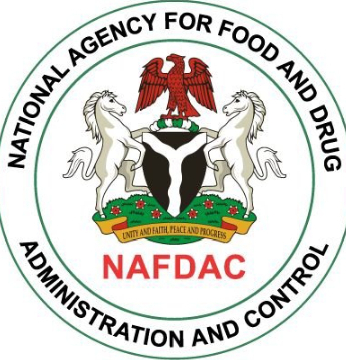 Nigeria's coat of arms: two white horses, an eagle, and a Y badge representing the River Niger and River Benue, encircled in the words National Agency for Food and Drug Administration and Control