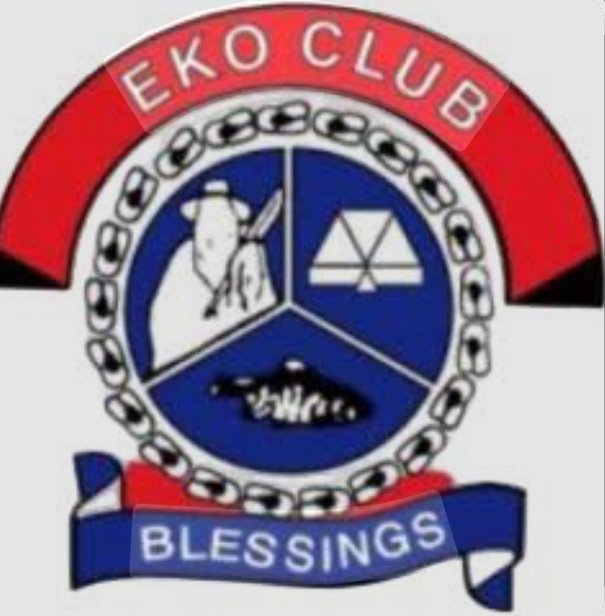 A logo of Eko Club with the images of an Eyo masquerade, a boat and a fish, with the motto "blessings" underneath