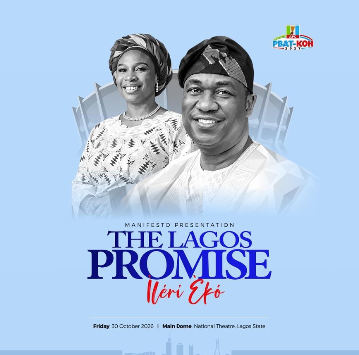 Obafemi Hamzat in a an Agbada and cap, with his wife behind him in a Buba and gele, with the National Theatre, Lagos as the background of their pictures and the words "the Lagos Promise" boldly written in front of their pictures